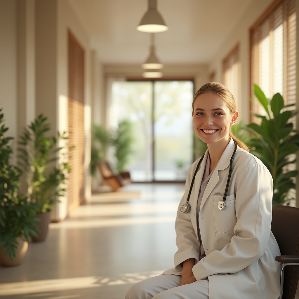 Prompt: Natural clinic interior, abundant natural light, floor-to-ceiling windows, wooden blinds, minimalist modern furniture, green plants, calm atmosphere, doctor in white coat, stethoscope around neck, gentle smile, sitting on chair, warm beige walls, soft carpet, quiet corridor, subtle shadows, gentle indirect lighting, 3/4 composition, shallow depth of field, realistic rendering, warm color tone.