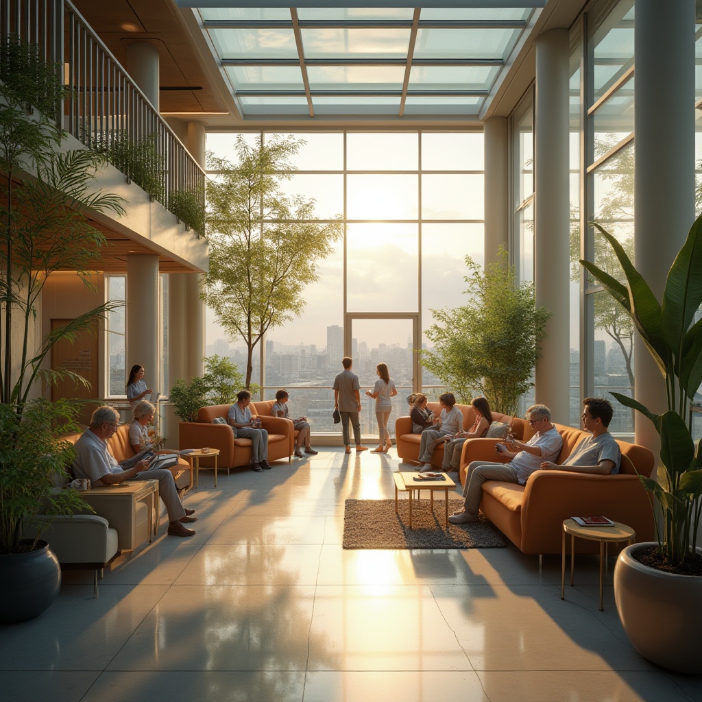 Prompt: Modern healthcare center, community space, natural light, wooden furniture, comfortable sofas, green plants, water feature, calming ambiance, people socializing, doctors and nurses chatting, patients relaxing, reading books, sipping coffee, warm lighting, afternoon sunbeams, urban background, cityscape view, glass ceiling, minimal decor, soft colors, peaceful atmosphere, 3/4 composition, shallow depth of field.