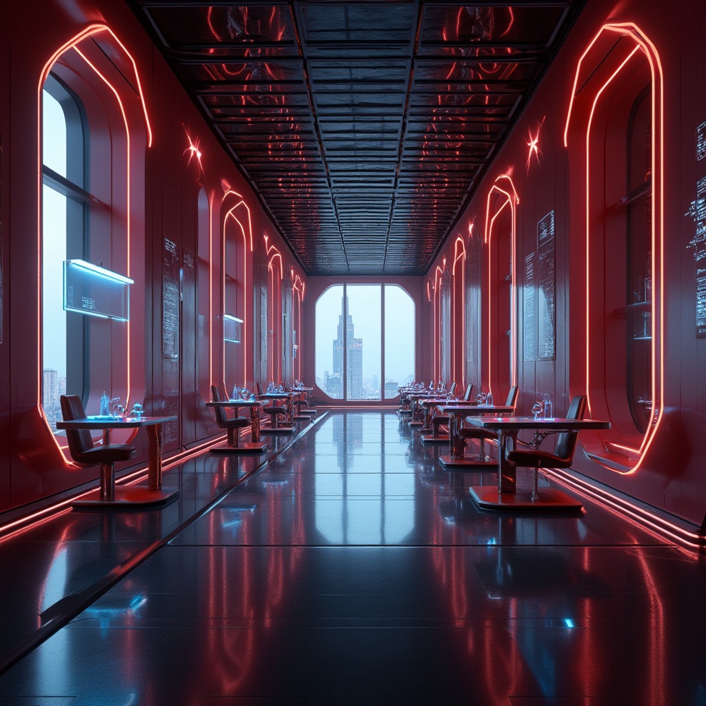 Prompt: Futuristic interior, maroon accent walls, sleek metallic frames, holographic displays, neon-lit corridors, levitating chairs, curved glass tables, ambient LED lights, dark reflective floors, modern minimalist decor, urban skyscraper view, cityscape background, dramatic shading, cinematic composition, 3/4 shot, low-key lighting.