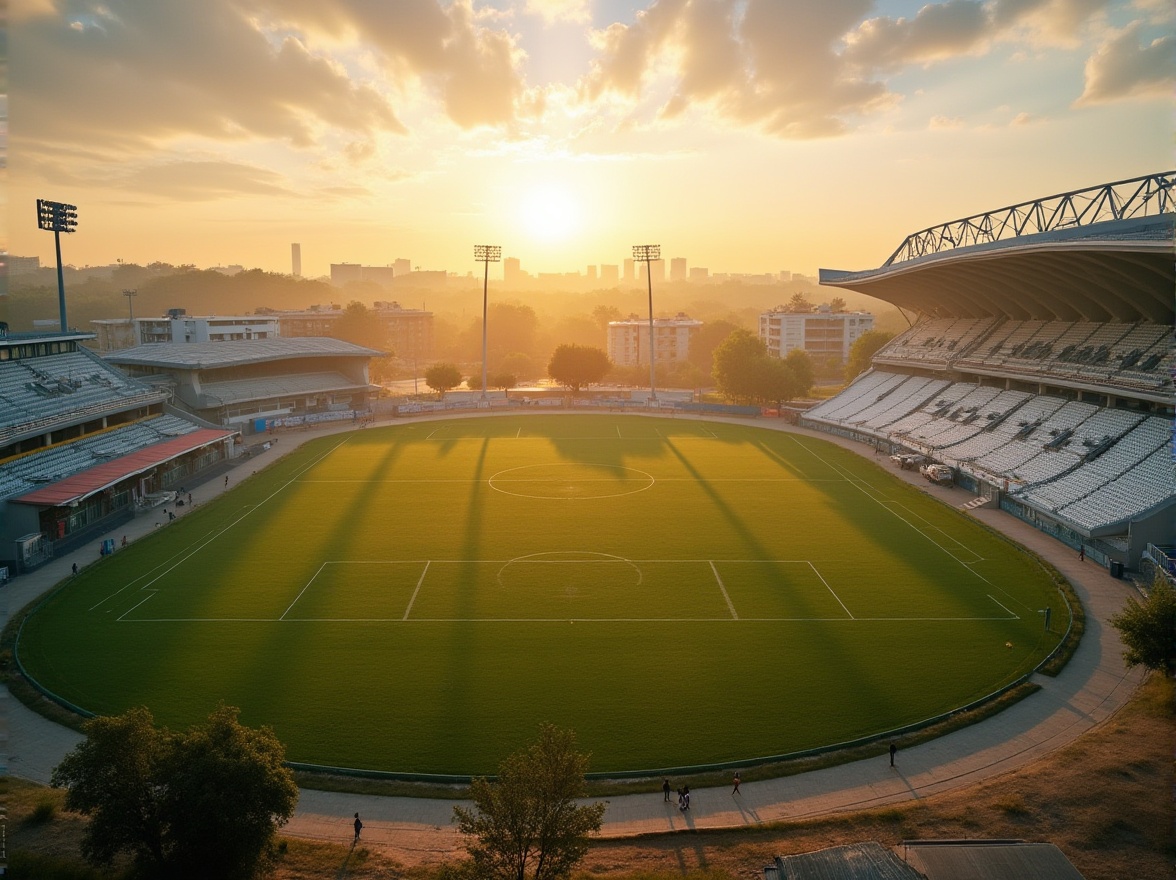 Prompt: Suburban context, stadium design, evening atmosphere, golden hour, warm sunset light, soft shadows, vibrant green grass, white stadium seats, modern architecture, curved lines, sleek structure, floodlights, evening mist, distant residential buildings, peaceful neighborhood, quiet streets, few pedestrians walking, children playing soccer, happy laughter, joyful atmosphere, warm ambient lighting, 3/4 composition, panoramic view.