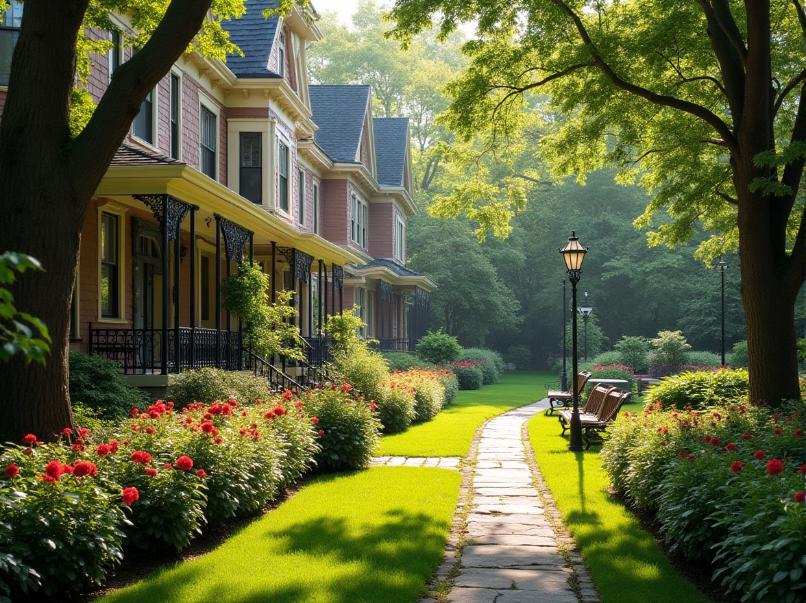 Prompt: Classic homes, Victorian architecture, lush green lawn, vibrant flower beds, colorful blooming flowers, neatly trimmed hedges, ornate garden benches, winding stone pathways, vintage street lamps, mature trees providing shade, serene atmosphere, warm sunlight filtering through leaves, soft focus, 3/4 composition, natural lighting, rustic texture.