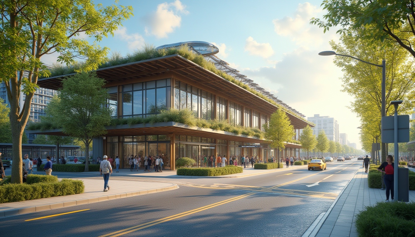 Prompt: Modern community, sustainable bus station, green roof, solar panels, eco-friendly architecture, steel frame, glass facade, urban landscape, busy street, morning light, soft shadows, people walking, waiting for buses, blurred motion, shallow depth of field, vibrant colors, warm atmosphere, 3/4 composition.