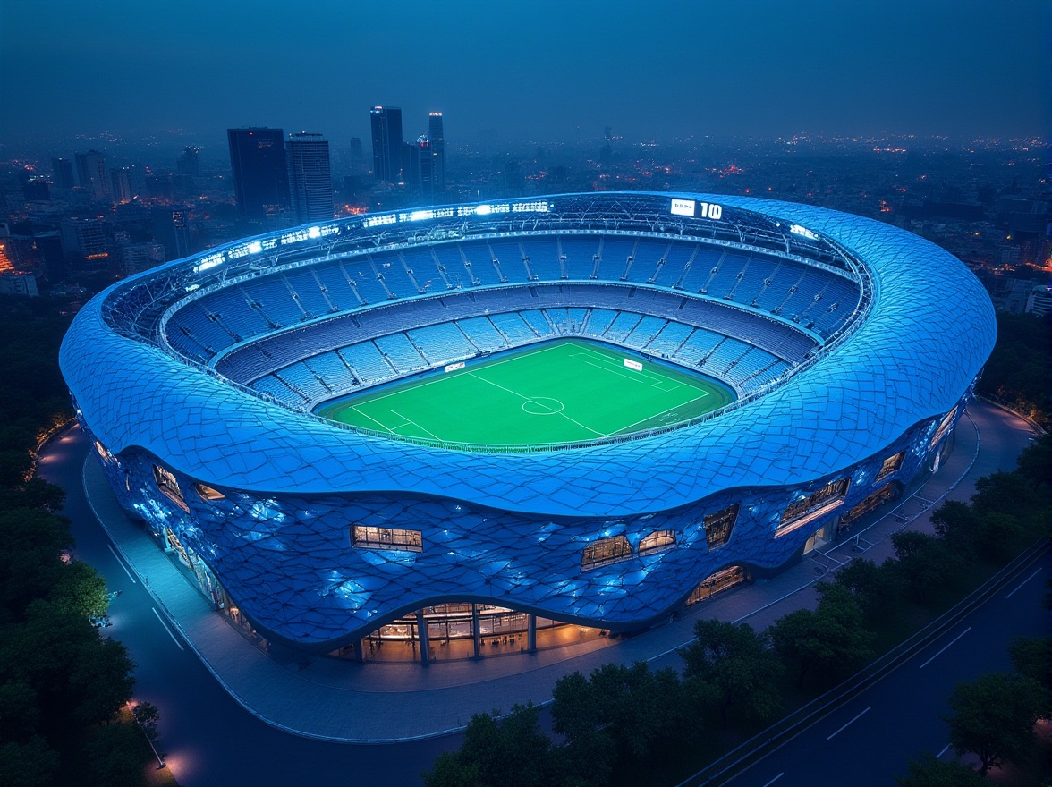 Prompt: Modern stadium architecture, incorporating blue color scheme, sleek lines, metallic materials, LED lighting, dynamic curves, open-air seating area, football field, lush green grass, bright blue seats, gradient blue glass façade, reflective blue roof, angular columns, dramatic night lighting, urban landscape, cityscape, skyscrapers in background, aerial view, 3/4 composition, cinematic atmosphere.