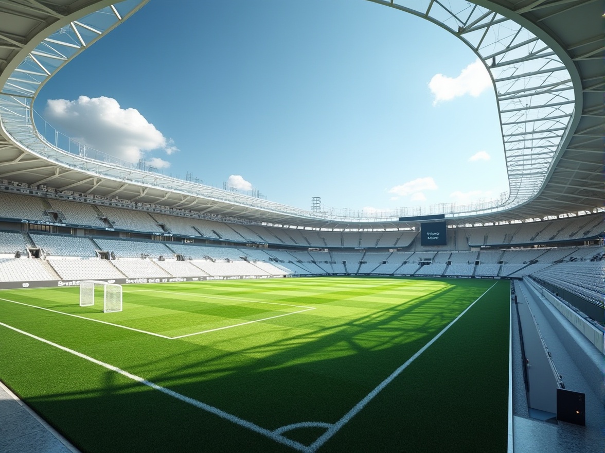 Prompt: Modern sports field, streamline style, minimalist architecture, white concrete walls, silver metal beams, large glass windows, sleek lines, curved edges, vibrant green grass, professional soccer goalposts, tennis court nets, basketball hoops, athletic tracks, modern stadium seating, LED scoreboard, futuristic lighting system, sunny day, blue sky with few clouds, dramatic shadows, 3/4 composition, wide-angle lens, cinematic atmosphere.