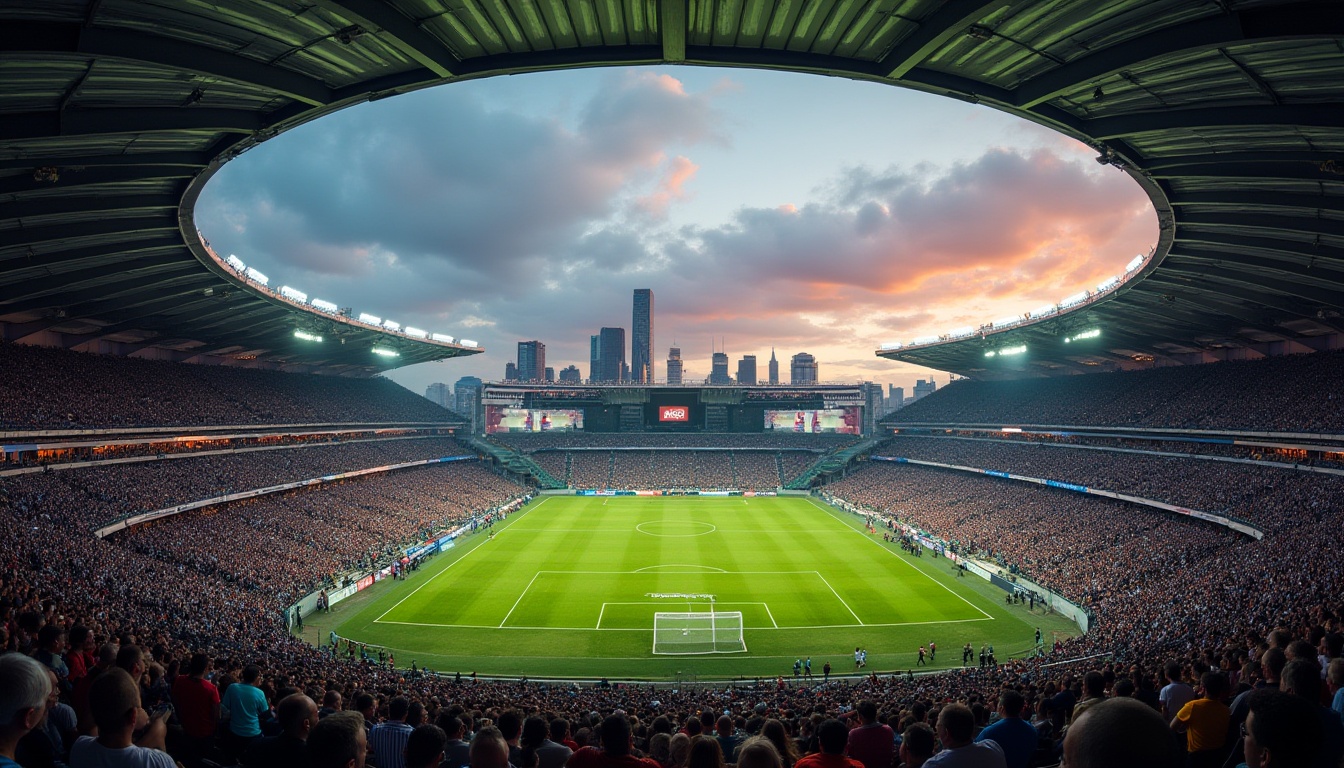 Prompt: Modern stadium, corrugated iron, curved roof structure, metallic texture, industrial feel, angular lines, dramatic lighting, evening atmosphere, sports event, crowded stands, lush green football field, goalposts, vibrant advertising boards, urban cityscape, skyscrapers in background, cloudy sky, warm sunset light, shallow depth of field, cinematic composition.