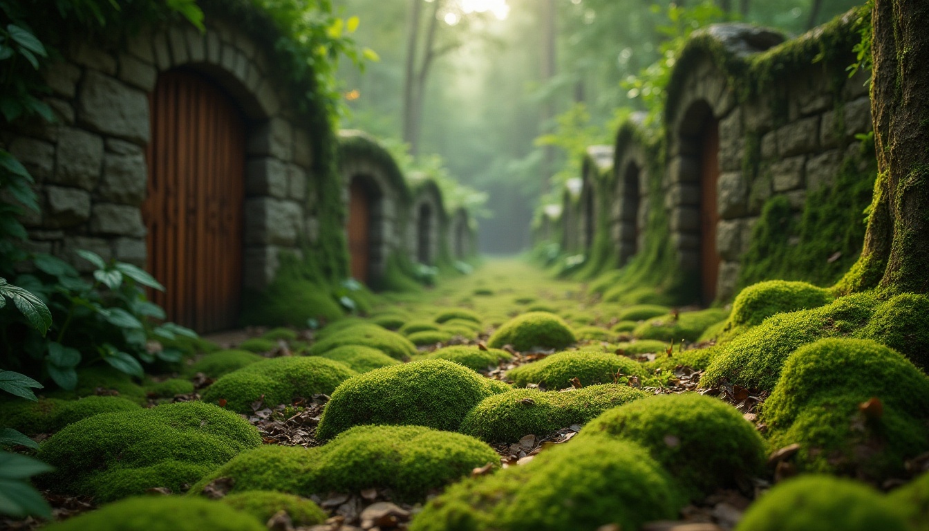 Prompt: Moss green color, design element, natural scenery, forest floor, stone walls, vintage wooden doors, rusty metal gates, soft focus, shallow depth of field, warm lighting, atmospheric perspective, misty atmosphere, subtle texture, intricate patterns, organic shapes, whimsical mood, fantasy world, mysterious ambiance, macro photography, extreme close-up, detailed foliage, earthy tone, natural material, outdoor setting.