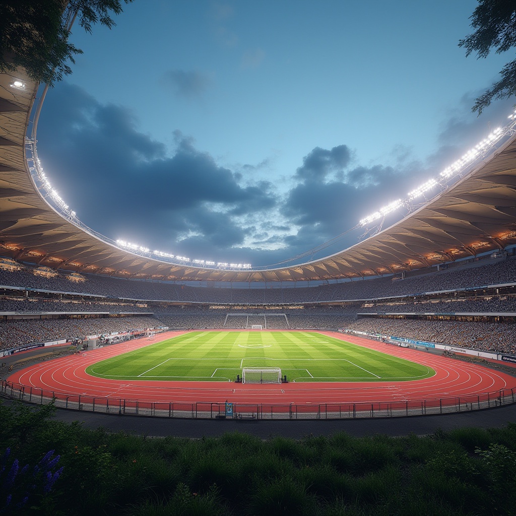 Prompt: Modern stadium, corrugated iron exterior, curved lines, silver metallic material, sunlight reflection, angular structure, futuristic architecture, urban landscape, evening scene, warm ambient lighting, low-angle shot, 3/4 composition, athletic tracks, green grass field, cheering crowds, goalposts, floodlights, nighttime illumination, vibrant colors, dynamic atmosphere.