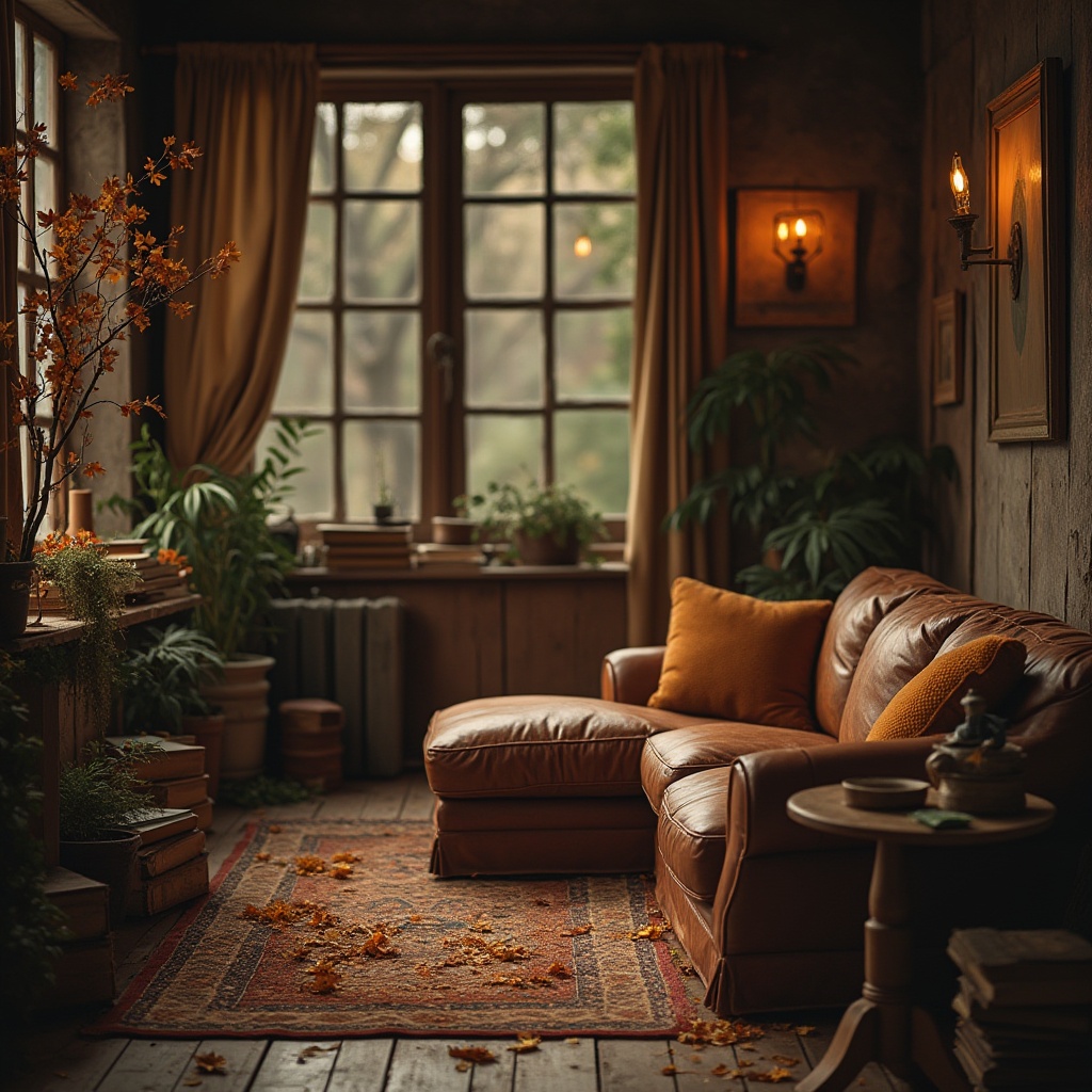 Prompt: brown color, earth tone, warm atmosphere, wooden texture, natural scenery, vintage furniture, leather sofa, rustic interior design, cozy living room, autumn leaves, forest floor, tree trunks, worn-out denim, old books, antique objects, sepia tone, nostalgic mood, low-key lighting, 3/4 composition, shallow depth of field.