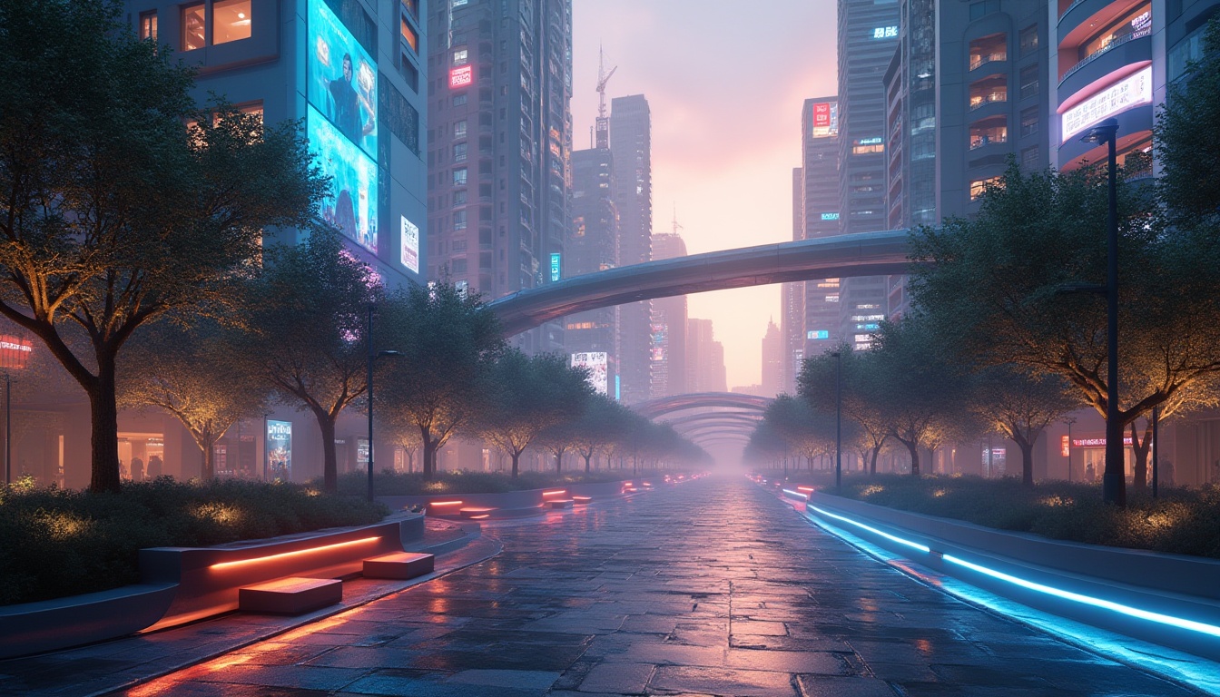 Prompt: Suburban futuristic landscape, aerial view, curved skyscrapers, neon lights, holographic advertisements, levitating cars, hyperloop tubes, robotic gardeners, sleek metallic benches, glowing tree rings, iridescent pavement, misty atmosphere, warm ambient lighting, 3/4 composition, low-angle shot, cinematic mood, utopian ambiance.