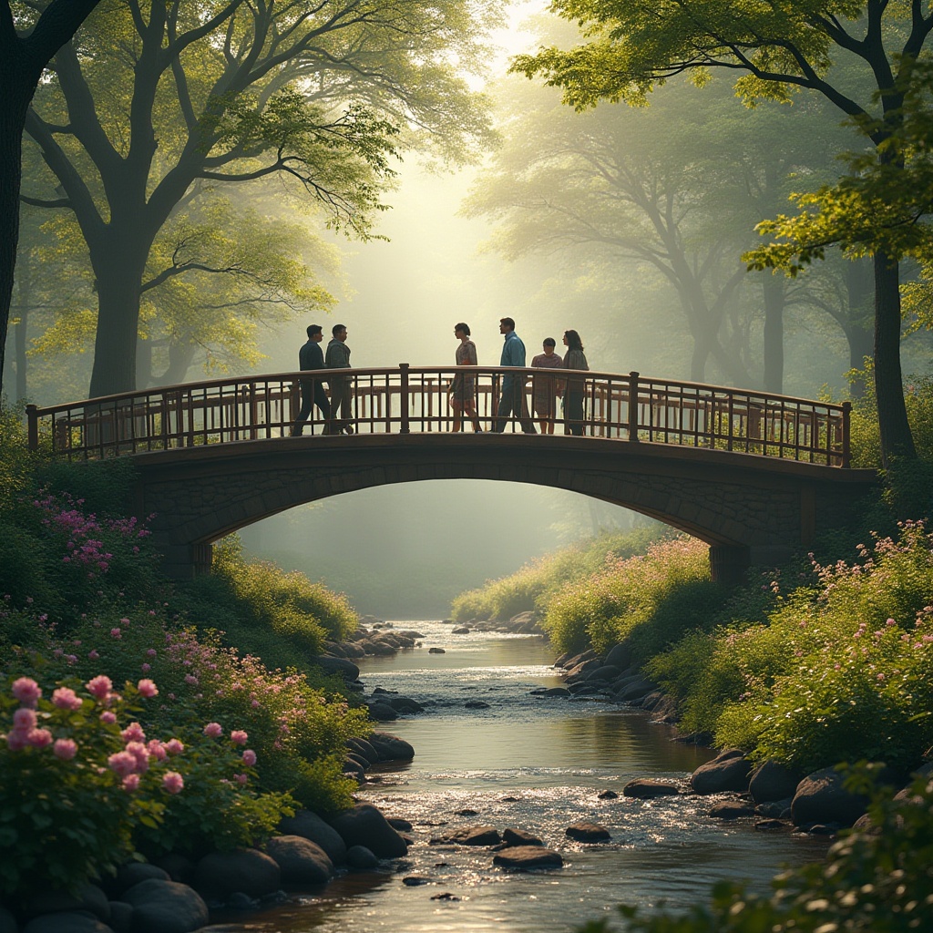 Prompt: Pedestrian bridge, park landscape, serene atmosphere, gentle slope, wooden railing, greenery surroundings, vines entwined, natural stone foundation, curved lines, warm afternoon lighting, soft shadows, people walking, leisurely pace, happy expressions, trees canopy above, blooming flowers below, meandering stream, water reflections, misty morning, foggy ambiance, cinematic composition, 3/4 view angle.