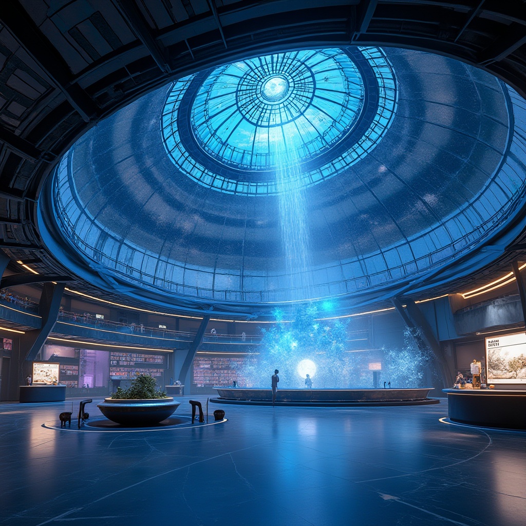 Prompt: Futuristic planetarium, fusion architecture, majestic dome-shaped roof, intricate glass panels, metallic framework, neon lights, holographic projections, virtual reality experience, immersive environment, dark blue-gray interior walls, polished marble floors, sleek minimalist furniture, interactive exhibits, 3D galaxy visualizations, ambient electronic music, atmospheric mist effect, panoramic view, low-angle shot, cinematic lighting, high-tech ambiance.