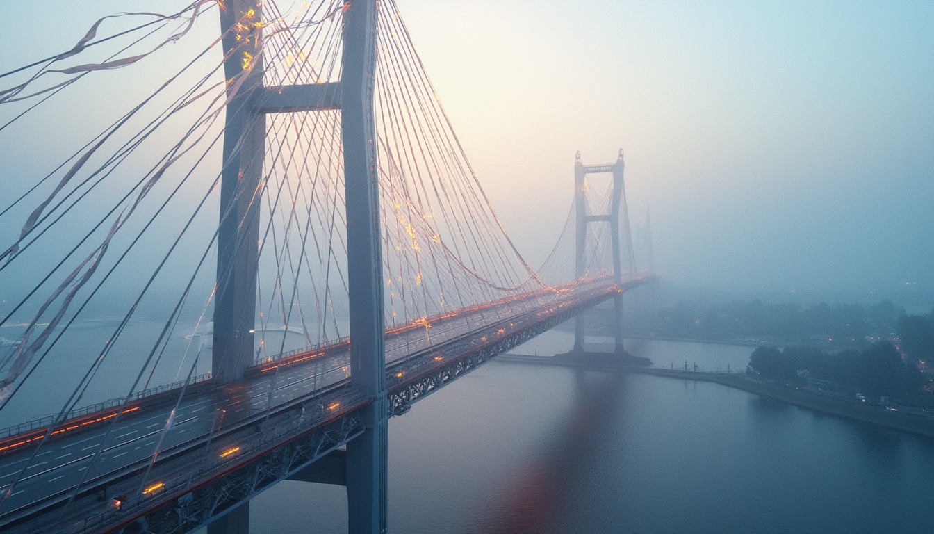 Prompt: Modern suspension bridge, innovative fabric integration, undulating waves of fabric, iridescent colors, metallic structure, reinforced cables, urban cityscape, foggy morning atmosphere, soft misty lighting, 3/4 composition, symmetrical view, detailed texture, futuristic ambiance, vibrant hues, sleek lines, dynamic movement.