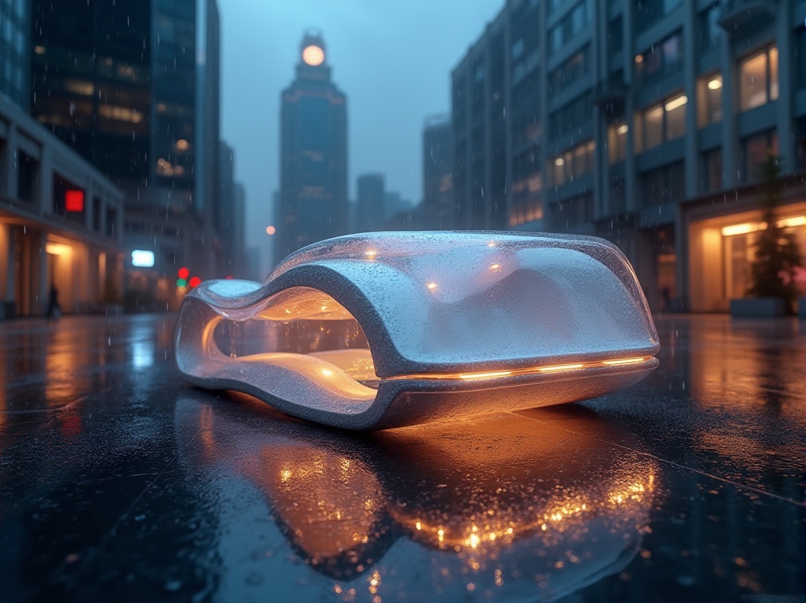 Prompt: Modern, futuristic product design, polycarbonate material, transparent, glossy finish, curved lines, sleek shape, LED lights embedded, soft glow, urban setting, cityscape, skyscraper, night scene, neon lights reflecting off the building, raindrops on the surface, shallow depth of field, 3/4 composition, warm ambient light, cinematic mood, high-tech atmosphere.