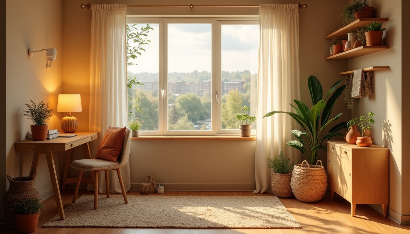 Prompt: Cozy dorm interior, amber color tone, warm wooden desk, soft glow table lamp, comfortable cushioned chair, woven basket storage, natural fiber rug, earthy terracotta pots, lush green plants, large window with white curtains, panoramic view of campus, afternoon sunlight filtering in, soft shadows, relaxing atmosphere, calming ambiance, warm beige walls, minimal decor, simple elegance.