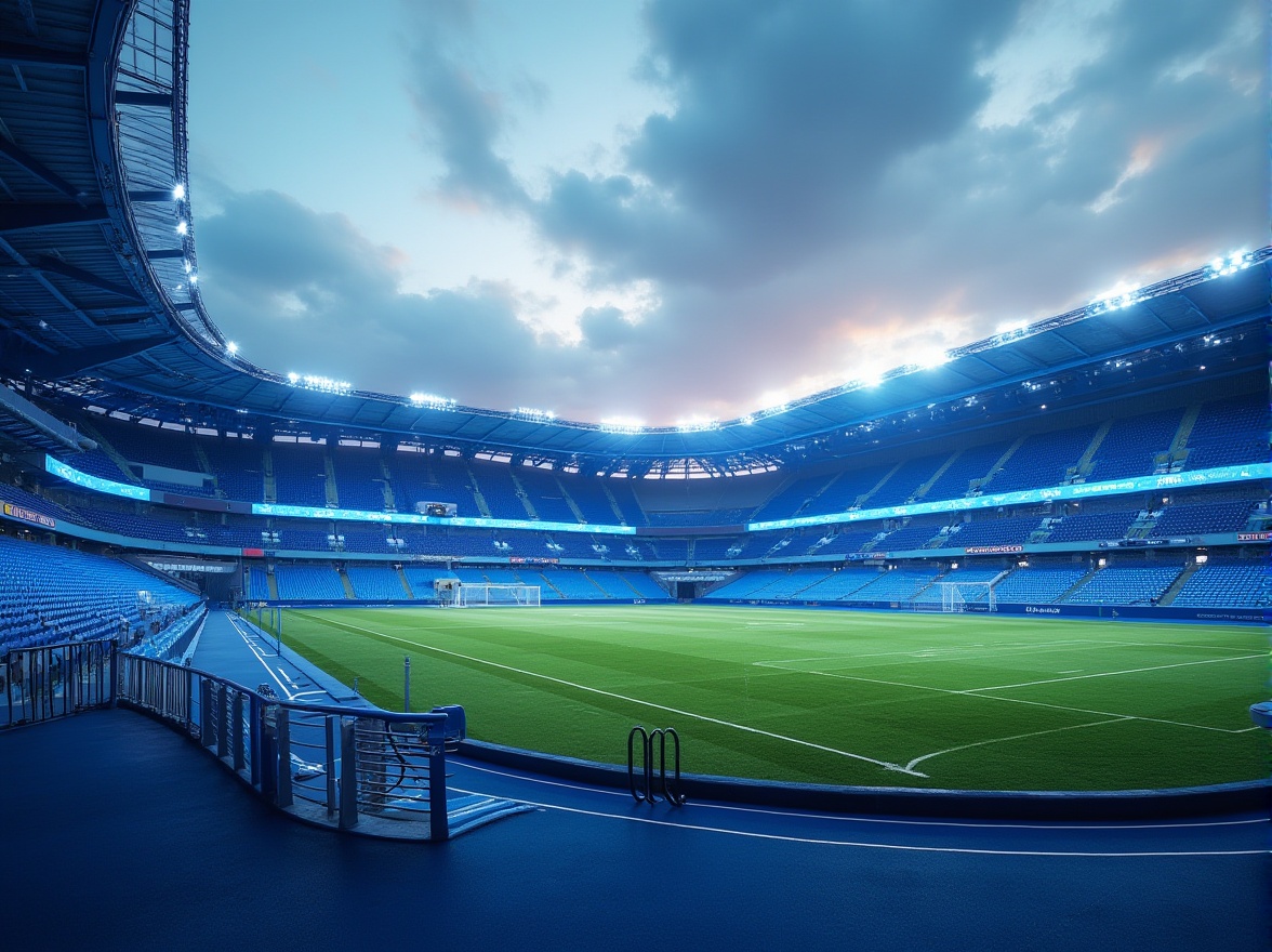 Prompt: Modern stadium, blue exterior walls, sleek glass facade, curved lines, futuristic design, evening scene, floodlights, vibrant blue LED lights, tiered seating, athletic track, green grass field, goalposts, scoreboard, blue accents on railings, stairs, and seats, cloudy sky, panoramic view, 3/4 composition, soft warm lighting, dramatic shadows.