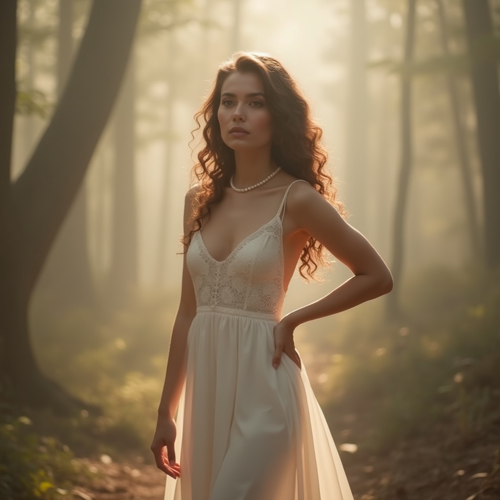 Prompt: Soft, gentle, misty atmosphere, Gainsboro color palette, warm beige tones, subtle grey undertones, pastel pink accents, elegant lady, 25yo, curly brown hair, soft natural makeup, flowing white dress, delicate lace details, pearl necklace, standing, relaxed posture, gentle hand on hip, serene forest background, towering trees, misty fog rolling in, dappled sunlight filtering through leaves, warm golden lighting, shallow depth of field, cinematic composition, romantic atmosphere.