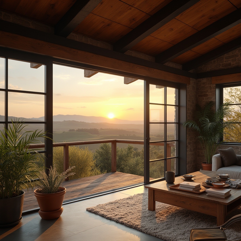 Prompt: Rural penthouse, structuralism style, modern farmhouse, wooden accents, stone walls, metal frames, large windows, sliding glass doors, panoramic view, rolling hills, countryside, sunset, warm golden light, cozy atmosphere, minimalist interior, industrial chic decor, concrete floors, steel beams, reclaimed wood furniture, potted plants, earthy tones, natural materials, texture contrast, 3/4 composition, soft focus, cinematic lighting.