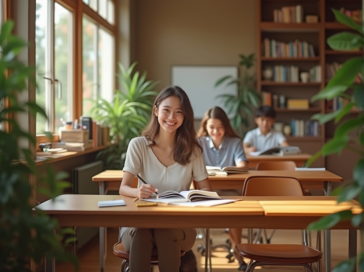 Prompt: Educational space, brown color scheme, warm atmosphere, wooden desks, ergonomic chairs, green plants, large windows, natural light, softbox lighting, calm ambiance, 3/4 composition, shallow depth of field, blurred background, focus on students, smiling faces, casual clothing, open books, laptops, pencils, scattered papers, cozy corner, reading nook, quiet environment.