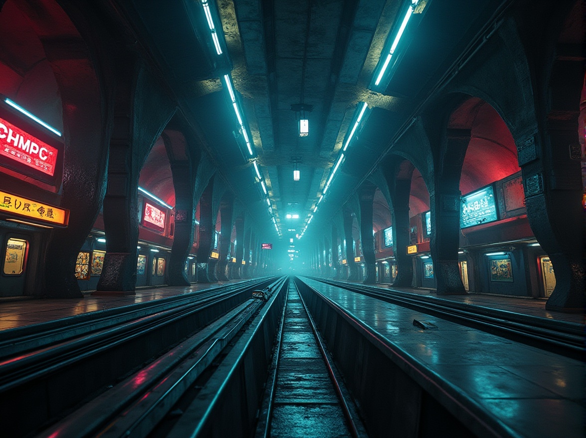 Prompt: Gloomy metro station, futuristic architecture, Expressionist style, twisted metal columns, irregular shapes, distorted proportions, vibrant neon lights, eerie ambiance, dramatic shadows, intense color palette, industrial materials, concrete walls, metallic textures, urban atmosphere, cityscape views, escalators, modern trains, dynamic composition, low-angle shot, cinematic lighting, HDR rendering.