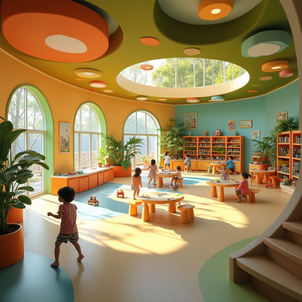 Prompt: Elementary school, Blobitecture style, vibrant colors, rounded corners, playful atmosphere, kids playing, learning, happiness, innocence, warm lighting, soft shadows, colorful blocks, irregular shapes, futuristic feel, interactive installations, green walls, eco-friendly materials, natural textures, wooden accents, open spaces, collaborative areas, flexible seating, adaptive furniture, kid-sized proportions, whimsical decorations, educational tools, engaging displays, 3D projections, panoramic view, bird's eye composition, soft focus background.