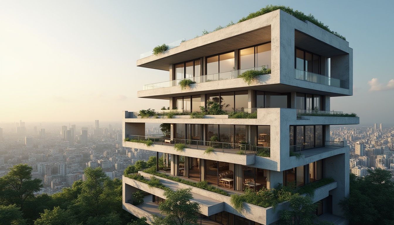 Prompt: Modern architectural design, benefits of plastered concrete, urban skyscraper, sleek lines, minimalist facade, grey-white color scheme, large glass windows, cantilevered roof, rooftop garden, lush greenery, cityscape background, warm afternoon sunlight, soft shadows, 3/4 composition, HDR rendering.