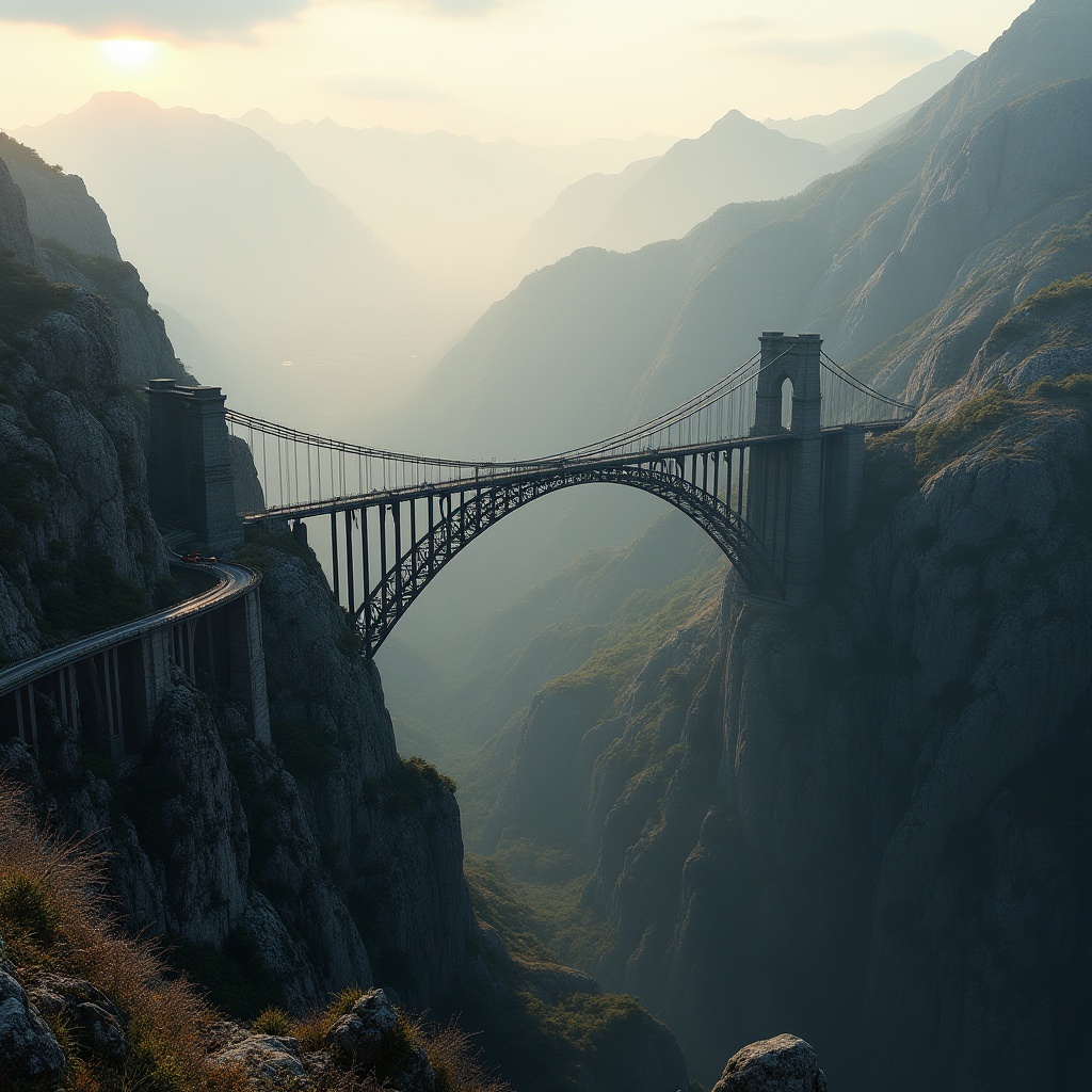 Prompt: Mountainous plateau, rugged terrain, majestic bridge, steel arch structure, suspension cables, stone pillars, winding road, serpentine shape, valley below, misty atmosphere, morning fog, warm sunlight, distant mountain range, geological formations, rocky cliffs, sparse vegetation, aerial view, dramatic composition, cinematic lighting, realistic textures.