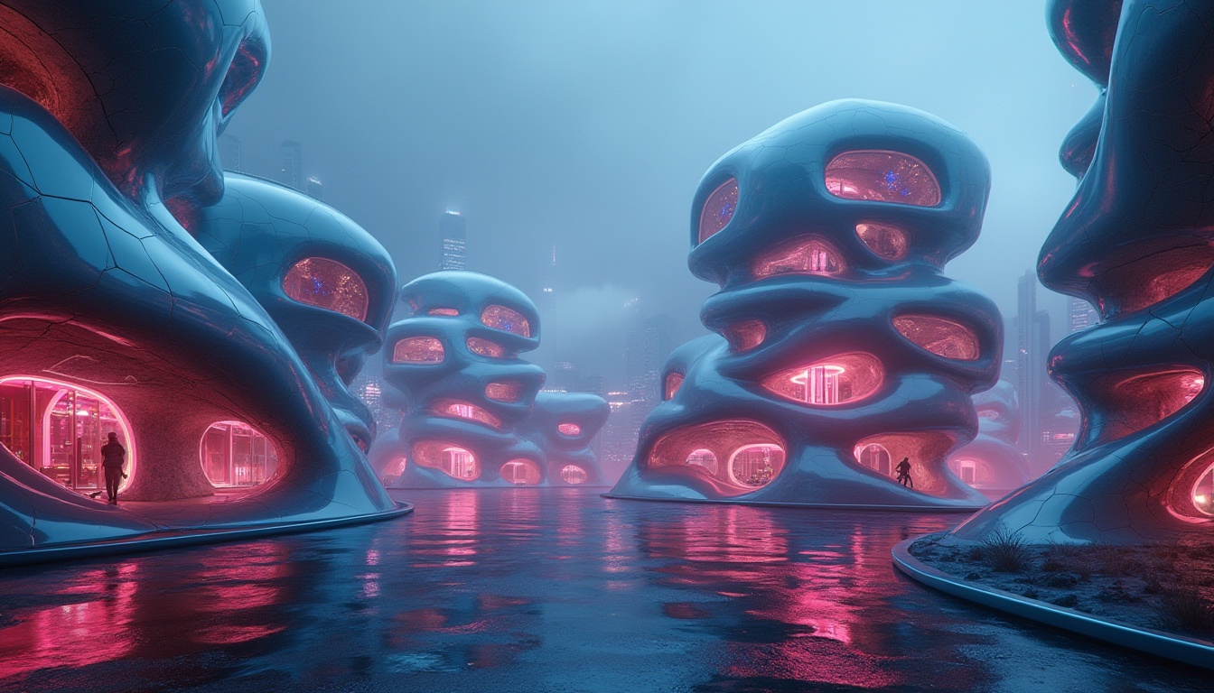 Prompt: Blob-like buildings, futuristic architecture, smooth curved lines, iridescent glass, metallic reflections, neon lights, cyberpunk cityscape, nighttime, foggy atmosphere, misty background, abstract shapes, amoeba-inspired design, alien-like structures, sci-fi ambiance, vibrant colors, glowing accents, holographic displays, sleek modern materials, reflective surfaces, avant-garde composition, low-angle shot, cinematic lighting.