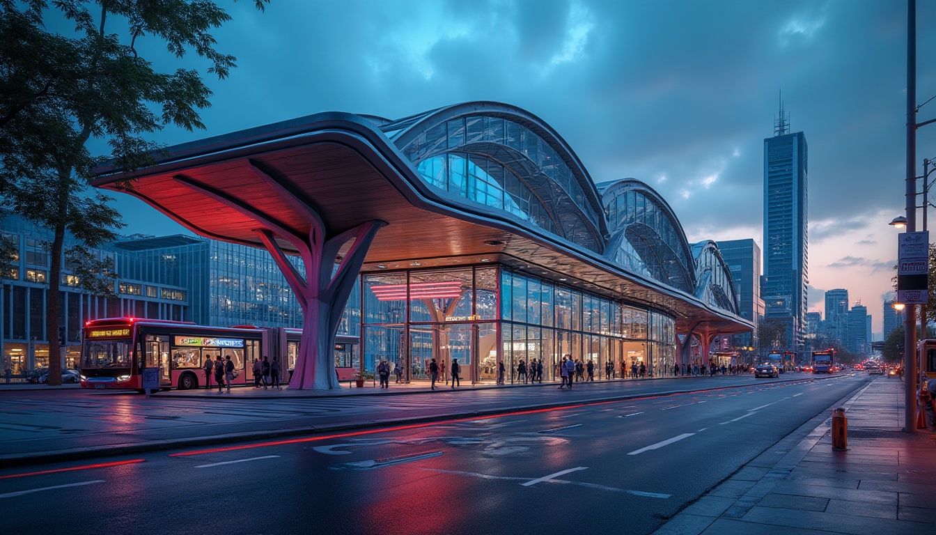 Prompt: Modern bus station, futuristic architecture, steel frame structure, angular lines, sleek curves, reflective glass façade, LED lights, vibrant colors, bustling city street, evening commute, people walking, waiting for buses, urban landscape, metropolitan atmosphere, dramatic lighting, low-angle shot, cinematic composition.