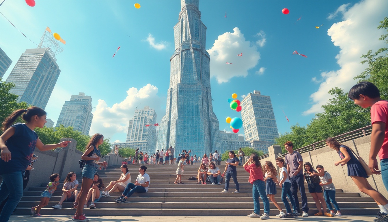 Prompt: Urban skyscraper, community engagement event, daytime, sunny weather, blue sky with few white clouds, people from diverse age groups, casual wear, jeans, t-shirts, sneakers, smiling faces, gathering around the tower's base, some sitting on stairs, others standing, holding cameras, taking photos, chatting, laughing, a few kids running around, playing tag, a street performer doing live music, a vendor selling snacks, colorful balloons tied to the tower's railings, a huge banner with event name, soft natural lighting, 3/4 composition, vibrant colors.