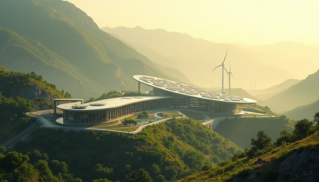 Prompt: Mountainous energy plant, impact of light yellow color, modern architecture, curved lines, sleek surfaces, metallic materials, glass windows, solar panels, wind turbines, gentle slope, lush greenery, misty atmosphere, soft morning light, warm ambient glow, 3/4 composition, panoramic view, shallow depth of field, vibrant contrast, industrial scenery, futuristic elements, minimalistic design.