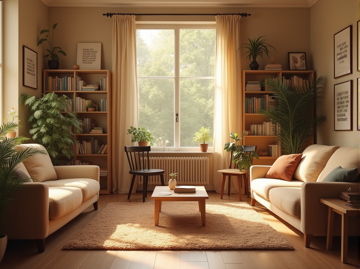 Prompt: Brown educational space, warm beige walls, wooden floors, comfortable couches, bookshelves, natural light pouring in through large windows, plants with green leaves, soft brown carpet, study tables with wooden chairs, inspirational quotes on walls, calm atmosphere, relaxing ambiance, 3/4 composition, softbox lighting, realistic texture, cozy corner with pillows.