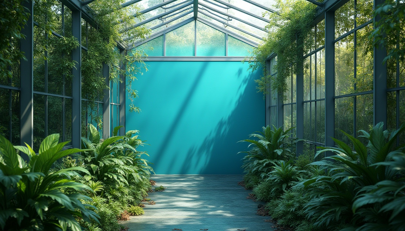 Prompt: Cerulean blue accent wall, lush greenery, modern greenhouse, sleek glass structure, metal frame, natural light pouring in, tropical plants, vines crawling up walls, misting system, humid atmosphere, warm ambient lighting, 3/4 composition, shallow depth of field, soft focus on foliage, vibrant color contrast.