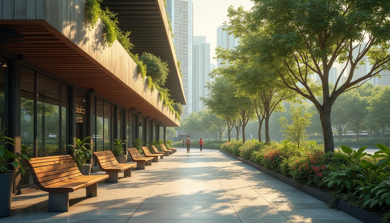 Prompt: Modern bus station, eco-friendly design, sustainable materials, wooden benches, recycled metal pillars, green roof, living walls, natural ventilation, abundant sunlight, urban jungle, cityscape, morning commute, gentle lighting, 3/4 composition, shallow depth of field, vibrant colors, warm atmosphere, community space.