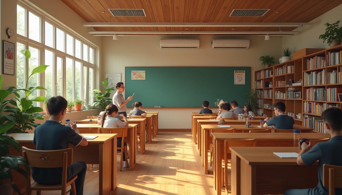 Prompt: Educational space, brown color scheme, wooden tables, chairs, bookshelves, warm atmosphere, soft indirect lighting, large windows, natural light, green plants, water dispenser, students studying, teachers guiding, blackboards, colorful posters, calm ambiance, 3/4 composition, shallow depth of field.