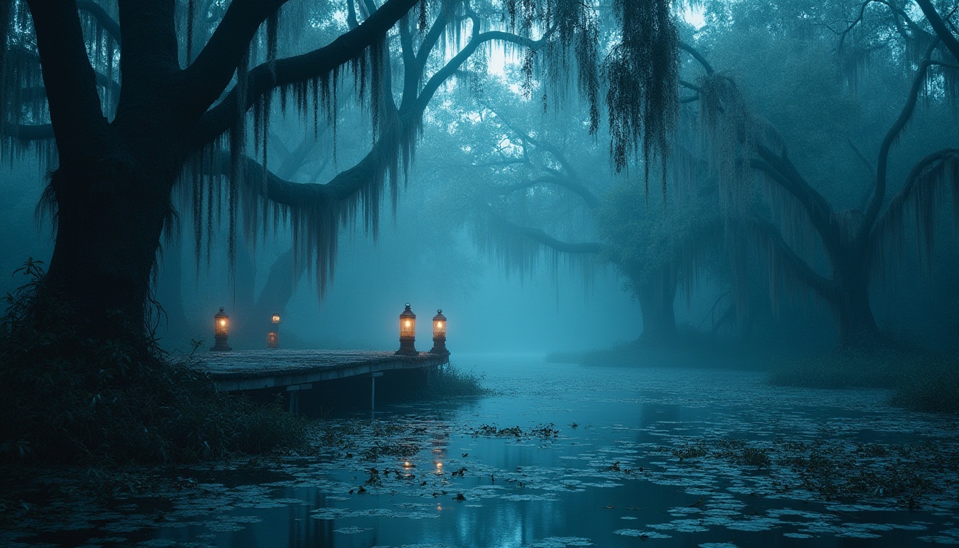 Prompt: Wetland scene, Indigo color scheme, bold and vibrant, murky waters, twisted cypress trees, Spanish moss hanging low, fog rolling in, mysterious atmosphere, subtle mist, soft warm lighting, 3/4 composition, shallow depth of field, realistic texture, cinematic mood, eerie silence, abandoned wooden dock, tangled water lilies, rusted old lanterns.