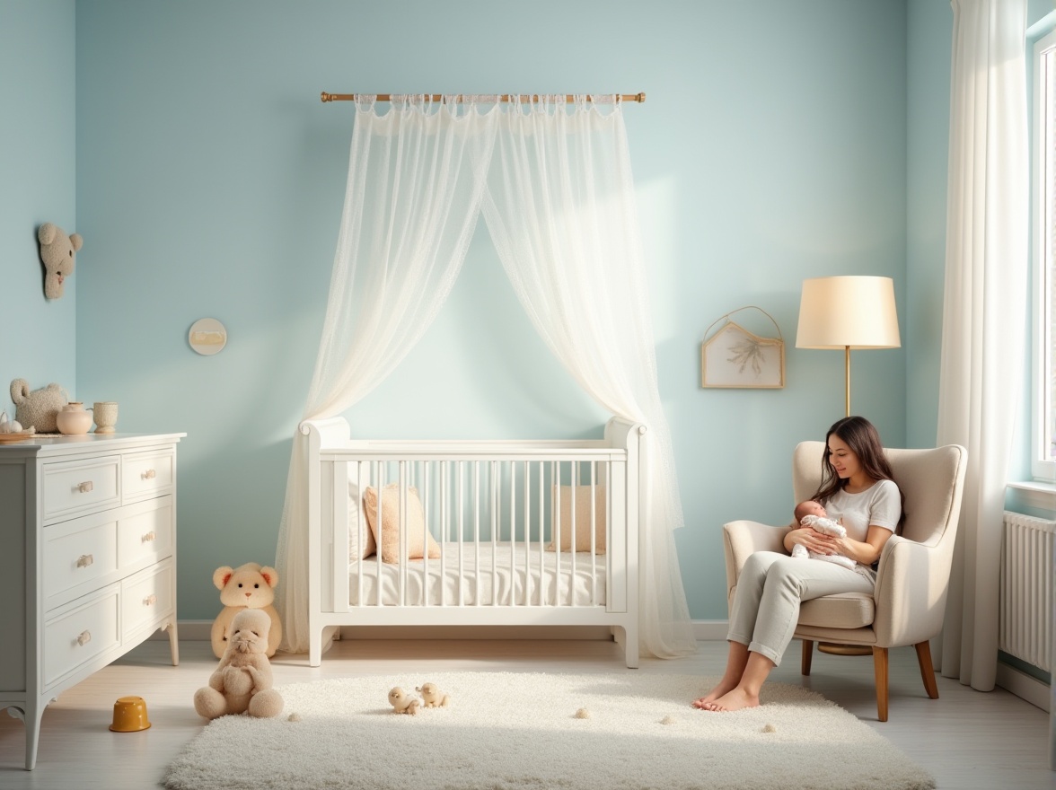 Prompt: Serene nursery, baby blue walls, soft white furniture, crib with delicate lace canopy, gentle toys scattered around, plush carpet in creamy white, warm floor lamp with paper shade, calm mother sitting on a velvet armchair, breastfeeding, peaceful expression, natural daylight pouring through the window, subtle shadows, gentle breeze blowing the curtains, minimalist decor, pastel colors, soft focus, shallow depth of field.