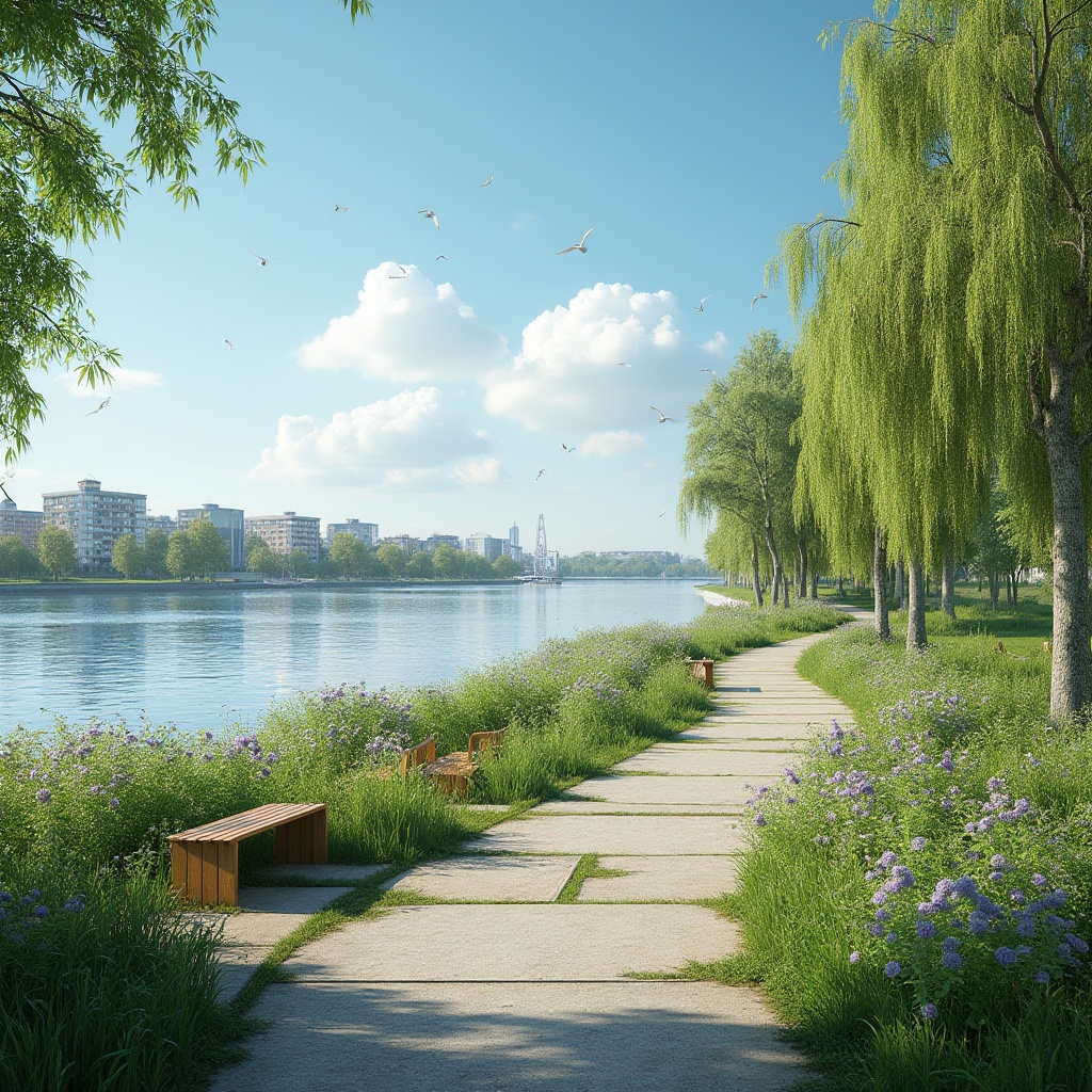 Prompt: Successful riverbank projects, case studies, modern urban design, greenery surroundings, sunny day, blue sky, fluffy white clouds, tranquil atmosphere, winding river path, wooden benches, vibrant blooming flowers, lush green grass, weeping willows, sailboats on the river, seagulls flying overhead, distant cityscape, soft natural lighting, 3/4 composition, panoramic view, beautiful detailed textures.