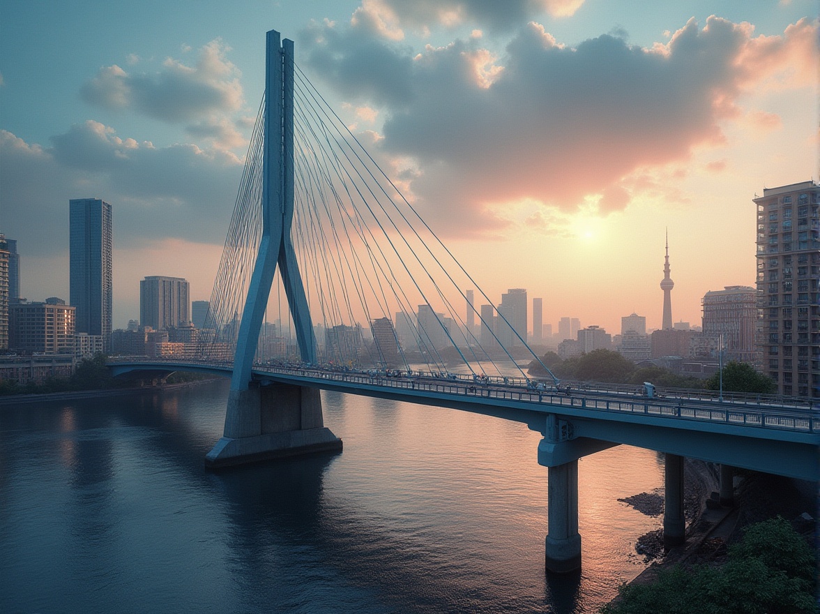 Prompt: Periwinkle-colored bridge, modern architecture, steel beams, suspension cables, cityscape, urban atmosphere, river flowing underneath, sunset time, warm soft lighting, gentle mist, dramatic clouds, cinematic composition, 3/4 angle view, detailed texture, realistic rendering, ambient occlusion, atmospheric perspective.