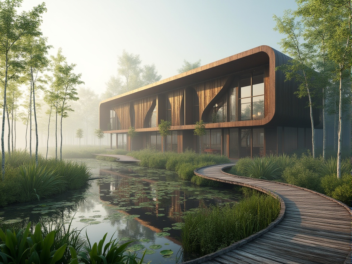 Prompt: Wetland architecture, modern building, bronze color accents, reflective glass surfaces, sleek lines, minimalist design, surrounded by marshes, tall reeds, water lilies, misty atmosphere, soft morning light, 3/4 composition, wide-angle lens, shallow depth of field, vibrant greenery, rustic wooden bridges, winding stone pathways, serene ambiance.