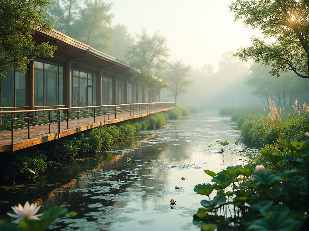 Prompt: Wetland scenery, polycarbonate boardwalk, reflective water surface, lush green vegetation, water lilies, lotus flowers, cattails, misty atmosphere, warm soft lighting, shallow depth of field, naturalistic, serene ambiance, wooden handrails, modern architecture, sleek lines, transparent roofing, futuristic feel, abstract reflections, ripples on the water, subtle color palette, gentle breeze, panoramic view, 3/4 composition.