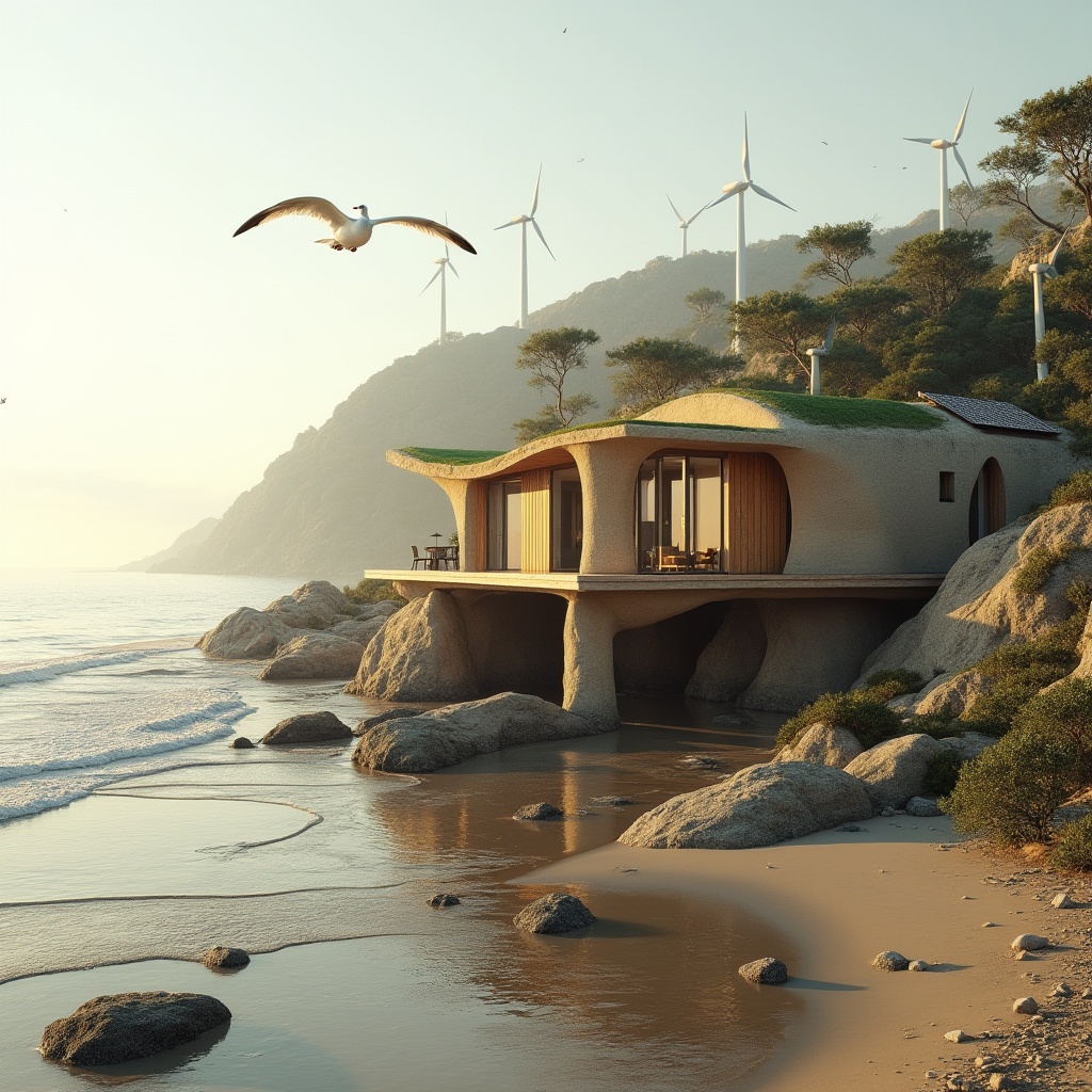 Prompt: Muddy coastline, sustainable architecture, modern villa, large windows, wooden deck, rustic wooden pillars, natural mud exterior, curved lines, earthy tone, green roof, solar panels, wind turbines, serene ocean view, seagulls flying overhead, gentle sea breeze, soft warm lighting, shallow water reflection, beach vegetation, driftwood, weathered stone, organic shape, eco-friendly design, minimal carbon footprint.