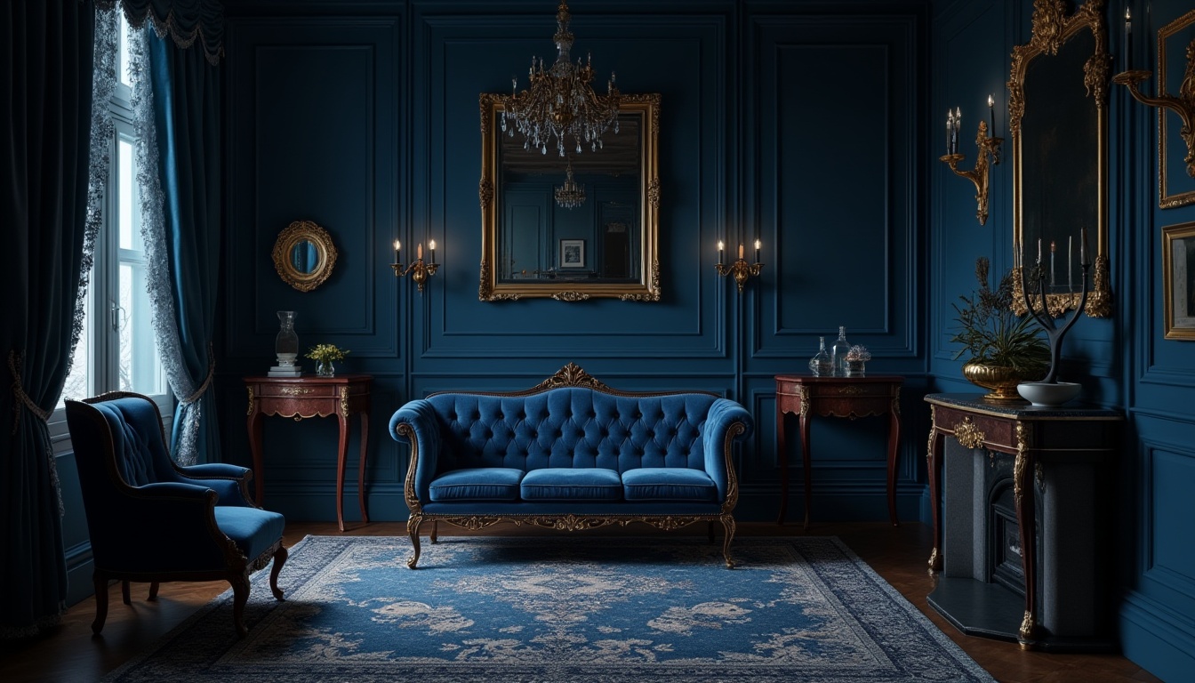 Prompt: Prussian blue, luxurious, mysterious, elegant, dark blue walls, ornate gold frames, Victorian-era inspired furniture, velvet drapes, intricate patterns, regal atmosphere, dim warm lighting, mysterious shadows, rich textures, luxurious fabrics, antique decorations, mysterious ambiance, 3/4 composition, cinematic mood, low-key lighting, European-style mansion interior.