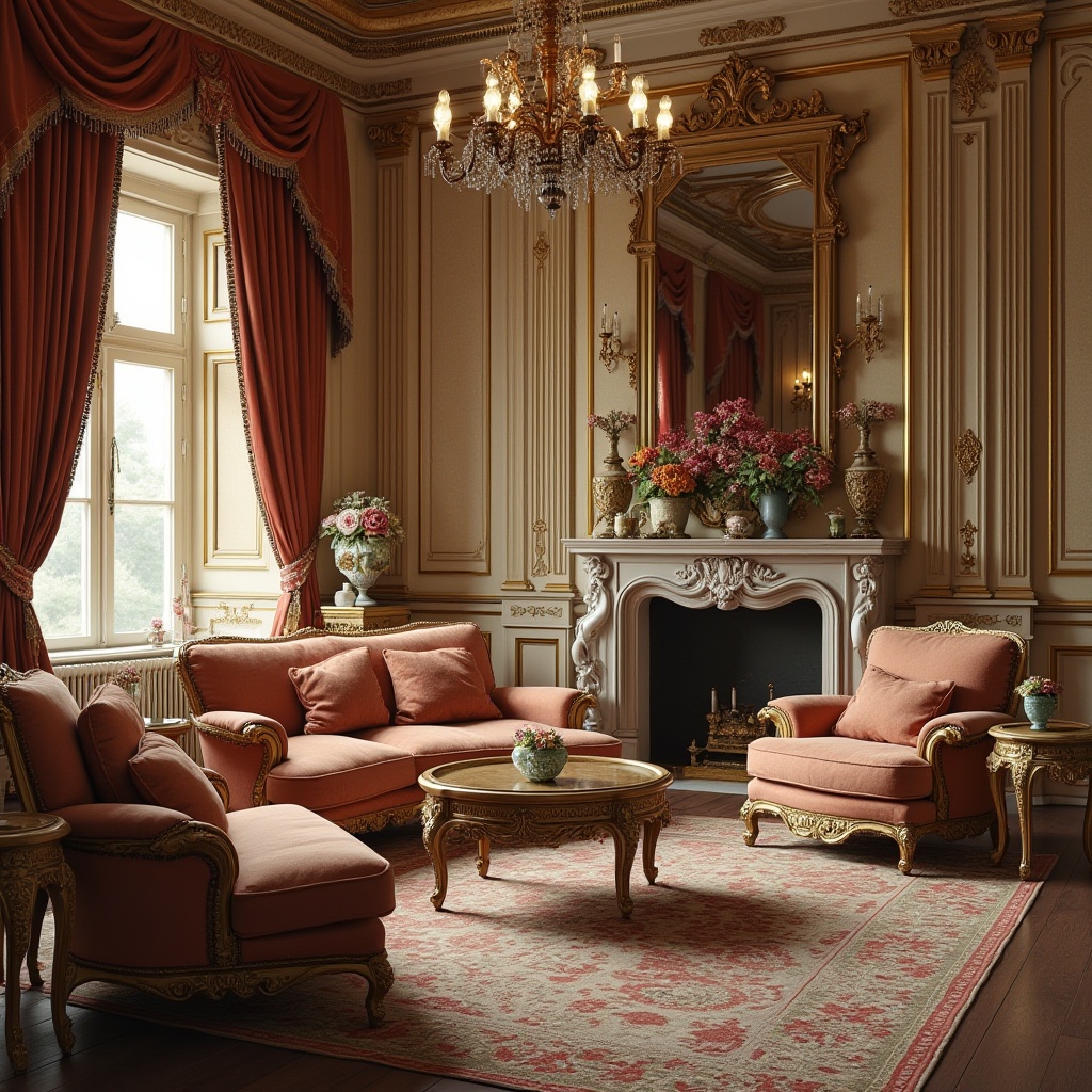 Prompt: Classic interior design, luxurious fabrics, intricate patterns, ornate furniture, velvet sofas, golden frames, floral motifs, striped wallpaper, elegant curtains, tassel trim, satin pillows, rich brocade, antique vases, carved wooden tables, ornamental mirrors, crystal chandeliers, soft warm lighting, 3/4 composition, shallow depth of field, realistic rendering.