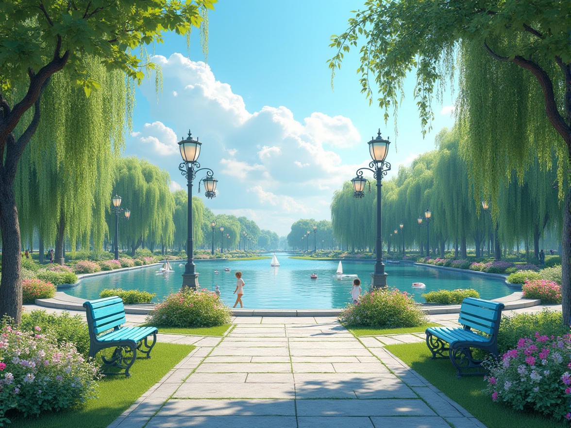 Prompt: Light blue themed park, sunny afternoon, clear sky with few white clouds, lush green grass, vibrant flowers of various colors, walking paths made of light gray stones, benches with light blue cushions, street lamps with ornate ironwork, delicate light blue lanterns hanging from trees, a serene lake in the center, surrounded by weeping willows, sailboats and rowboats drifting gently, people strolling leisurely, children playing tag, soft warm lighting, 3/4 composition, shallow depth of field.