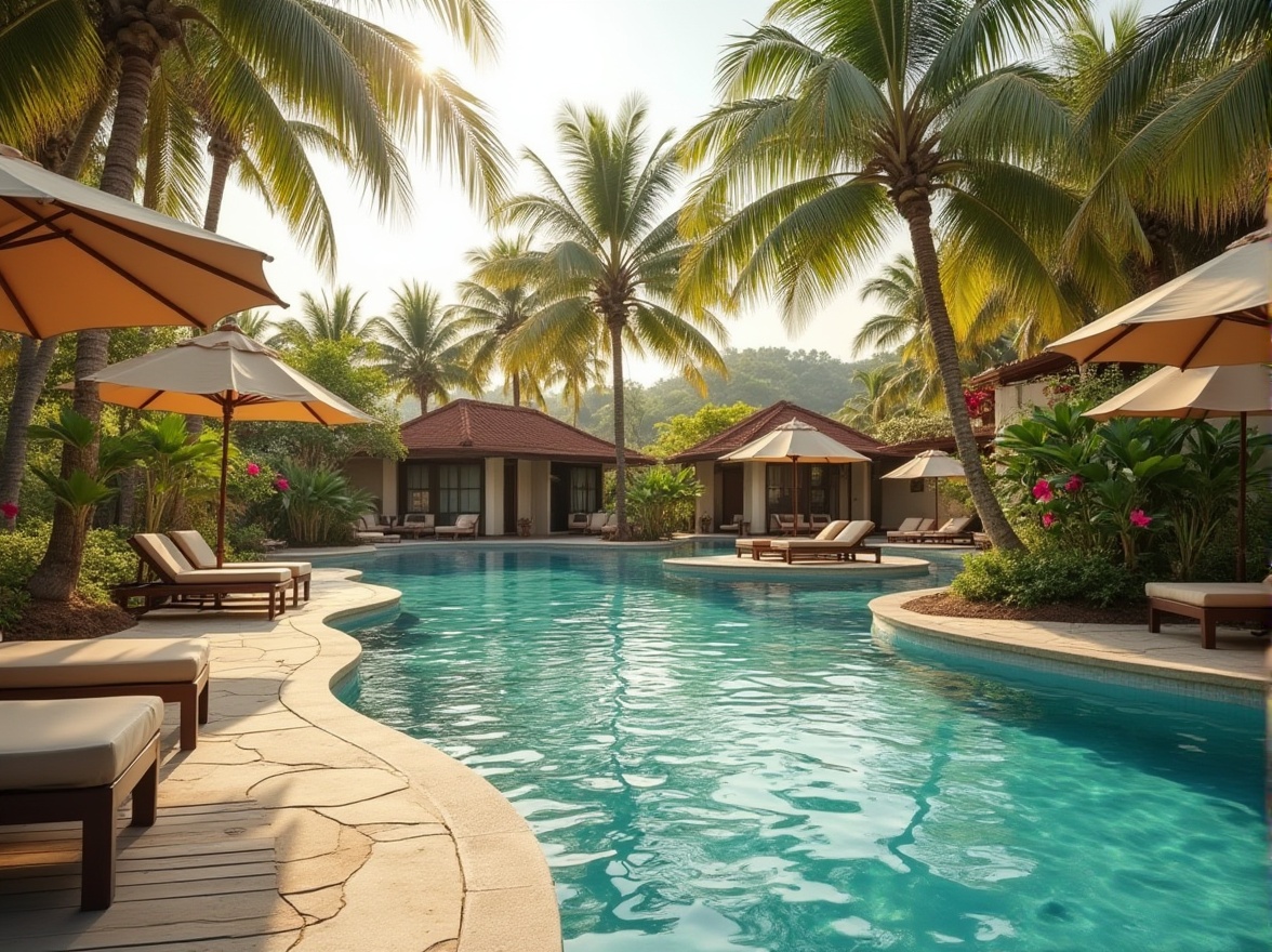 Prompt: Harmonious pool environment, khaki color scheme, serene atmosphere, warm sunny day, palm trees swaying gently, lounge chairs with soft cushions, matching khaki umbrellas, clear blue water, subtle ripples, natural stone pool deck, wooden planks, lush greenery, tropical plants, flowering hibiscus, gentle breeze, soft focus, warm lighting, 3/4 composition, shallow depth of field.