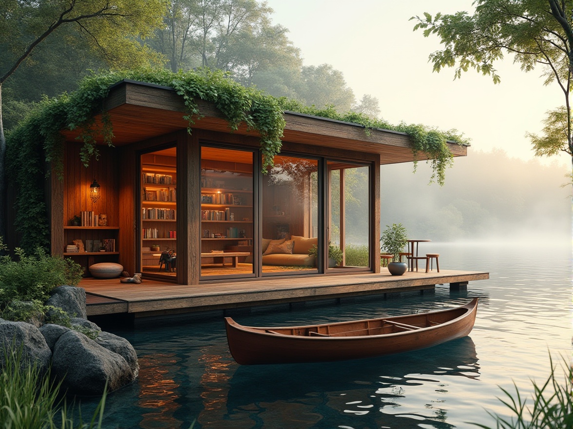 Prompt: Waterfront boathouse, modern rustic design, wooden structure, natural materials, blend with surroundings, overwater deck, lush greenery, vines crawling up pillars, blooming flowers on roof, gentle lapping of water against shore, serene atmosphere, warm sunlight filtering through trees, misty morning ambiance, fog rolling off lake surface, wooden canoe docked, nature-inspired interior decor, earthy color palette, natural textures, reclaimed wood accents, cozy reading nook with lake views, floor-to-ceiling windows, soft golden lighting, peaceful retreat.