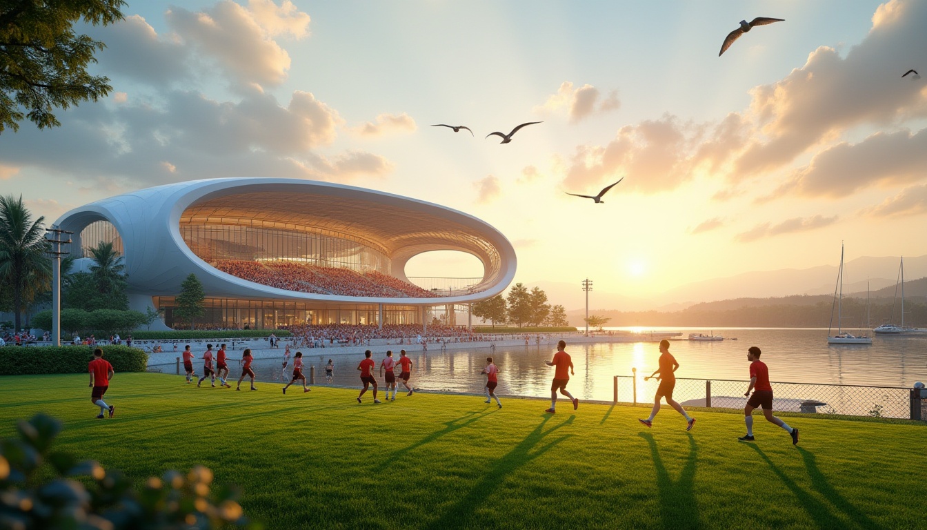 Prompt: Lakefront soccer stadium, modern architecture, curved lines, gleaming white exterior, large glass windows, transparent roof, lush greenery surroundings, serene lake views, sunset lighting, golden hour, soft warm colors, gentle breeze, sailboats in the distance, seagulls flying overhead, tranquil atmosphere, 3/4 composition, panoramic view, shallow depth of field, vibrant grass, soccer players running, dynamic action, jerseys and shorts, athletic shoes, goalposts, nets, stadium seats, excited cheering crowd.