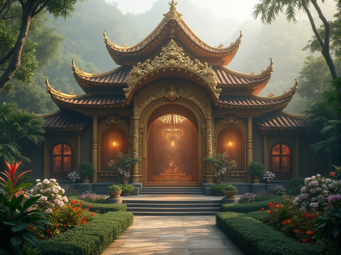 Prompt: Baroque style energy plant, intricate carvings, ornate details, gold accents, bamboo material incorporated into structure, curved lines, grandiose architecture, majestic entrance, symmetrical composition, warm lighting, soft focus, atmospheric mist, lush greenery surrounding, tropical environment, exotic flowers blooming, misty morning, cinematic angle, 3/4 shot.