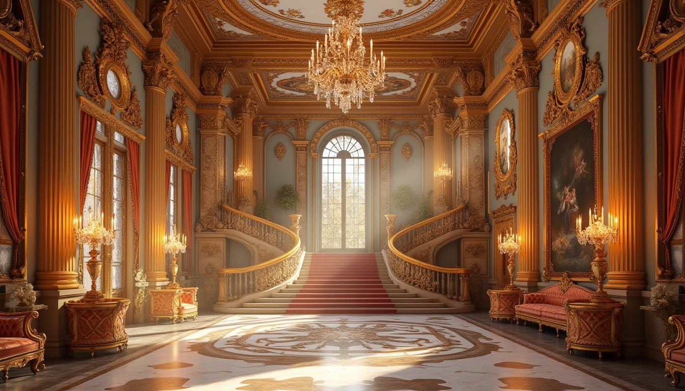 Prompt: Ornate palace interior, luxurious grand hall, innovative use of fiberglass, intricate Baroque design, golden ornaments, crystal chandeliers, fresco ceiling, marble floors, lavish furnishings, velvet drapes, richly detailed tapestries, ornamental mirrors, gilded frames, majestic staircase, dramatic lighting, warm colors, highly decorative, opulent atmosphere, 3/4 composition, soft focus, cinematic mood.