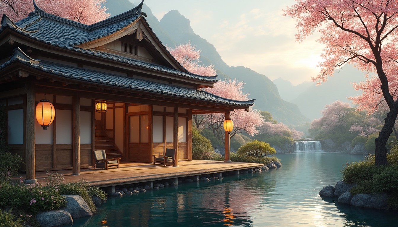 Prompt: Traditional Japanese house, regionalism style, rustic exterior, tiled roof, wooden walls, sliding doors, paper lanterns, tatami mats, low seating, minimal decor, natural materials, earthy tones, serene ambiance, afternoon sunlight, warm lighting, subtle shadows, soft focus, peaceful atmosphere, rural surroundings, lush greenery, blooming cherry blossoms, tranquil pond, gentle waterfall, misty mountains in the distance, cinematic composition, 3/4 view.